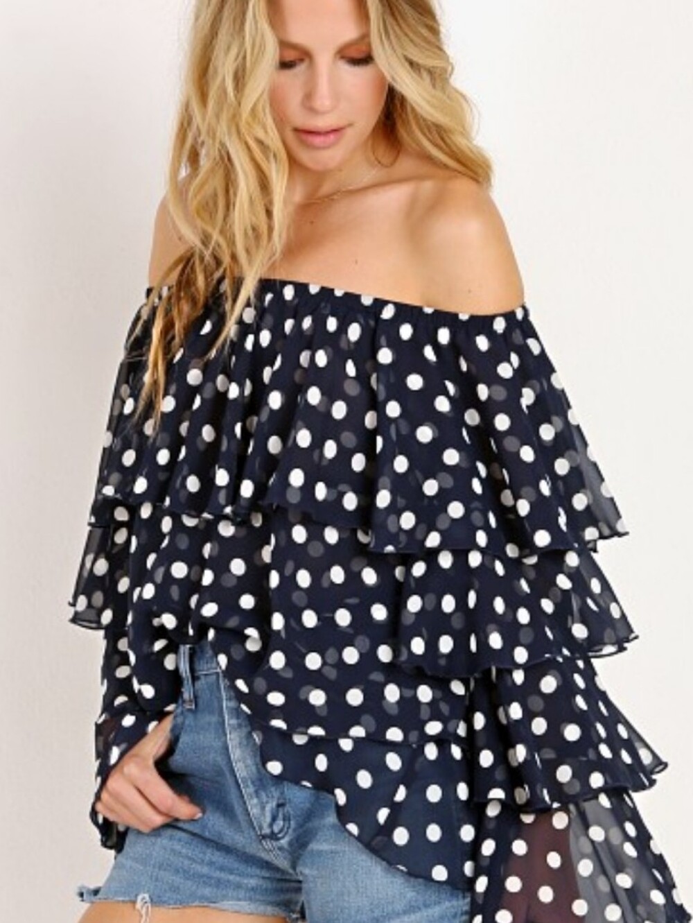 Show Me Your MuMu Navy Blue & White Polka Dot Ruffled Blouse